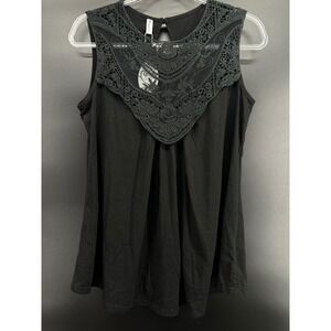 Boho Lace Yoke Tank Top Black Sleeveless Flowy Top Sz L Stretch Crochet Detail